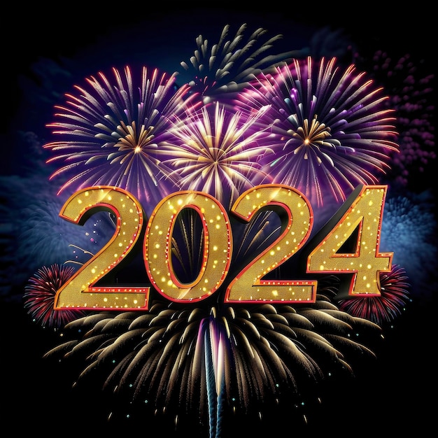 Foto ano novo 2024 uma exibição de fogos de artifício com o número 2024 na frente dele