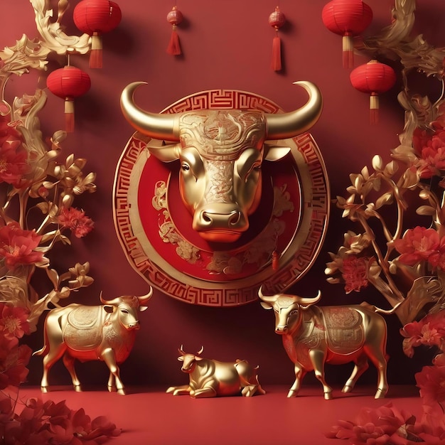 ano novo chinês do boi fundo decorações vermelhas e douradas d renderização