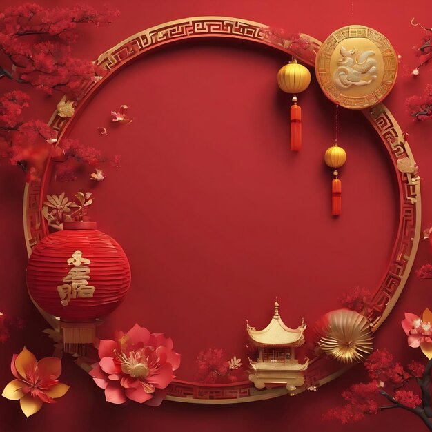 ano novo chinês em fundo vermelho com espaço para mensagem renderização 3d