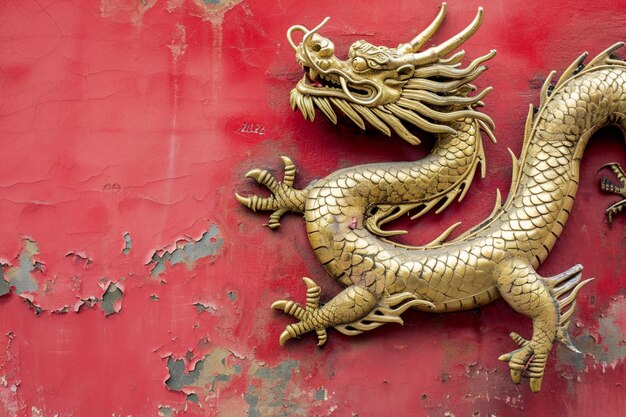 Ano Novo Chinês Um dragão chinês dourado sobre um fundo vermelho