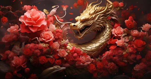 Foto ano novo chinês vermelho e dourado dragão floral asian frame copy space background