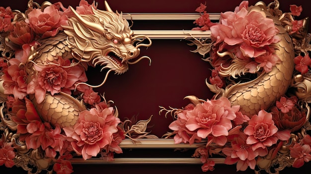 Foto ano novo chinês vermelho e dourado dragão floral asian frame copy space background