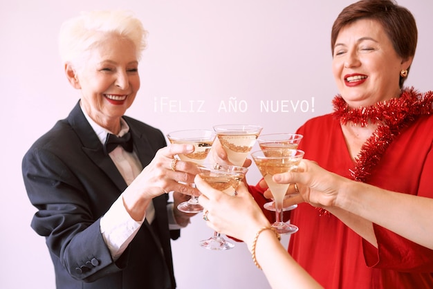 ano novo comemorando as mãos com taças de vinho espumante branco Natal amigos da família comemoram