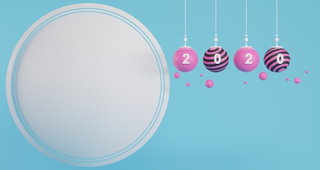 Ano novo conceito. conjunto de bolas de natal rosa e número 2020 para mudar o ano em fundo de círculo vazio.