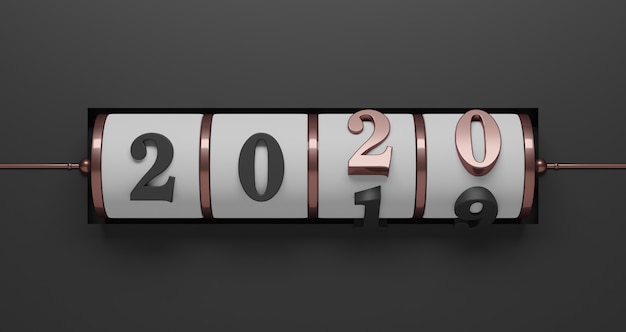 Ano novo conceito. Fundo de slot branco de ouro rosa número 2020 para mudar o ano em preto