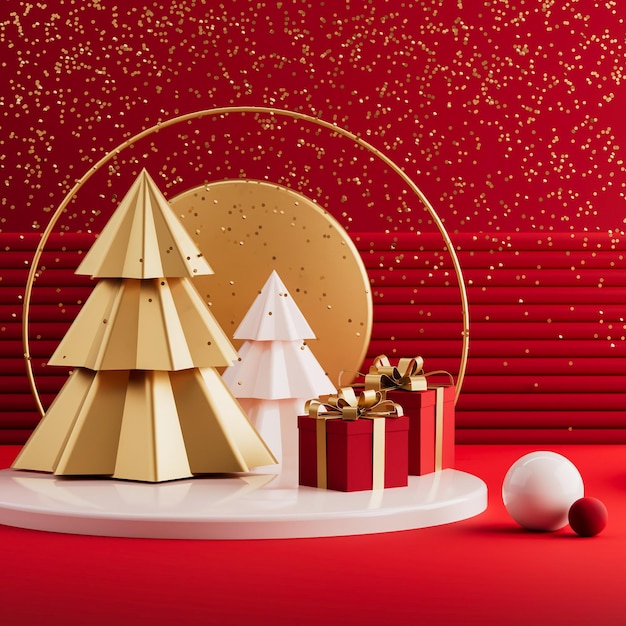 Ano novo e Natal 3d rendem cena nas cores clássicas de vermelho, dourado e branco. Glitter, apresenta-se com árvores no pódio. Banner criativo ou post para mídia social com espaço para texto.