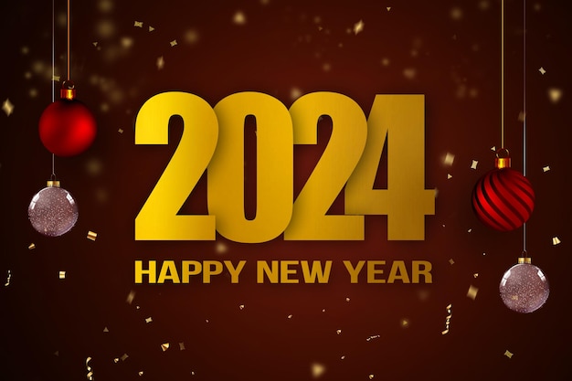 Ano Novo Feliz 2024 Bandeira de Natal festiva elegante com confetes caindo em fundo brilhante