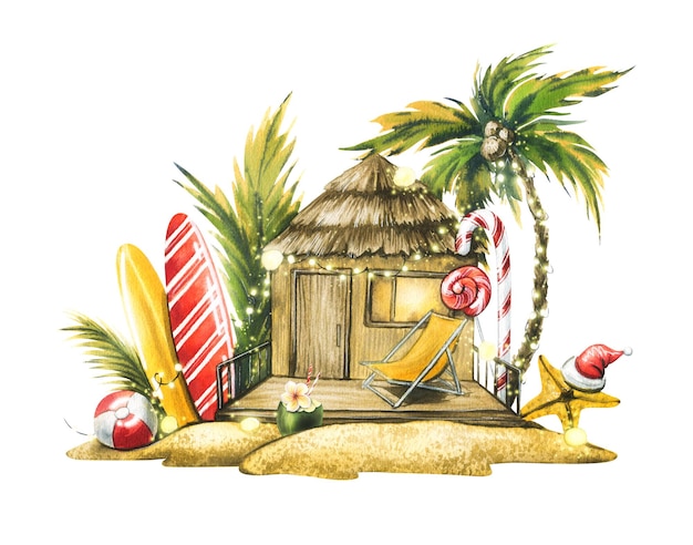 Ano Novo nos trópicos com bangalôs pranchas de surf palmeiras e doces de Natal Ilustração em aquarela Composição sobre um fundo branco Para o design de cartões postais de turismo