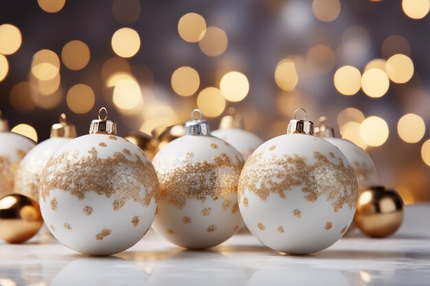 Ano Novo ou fundo de Natal com bolas brancas e douradas