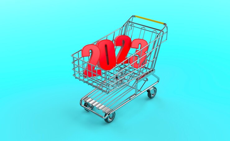 Foto año nuevo 2023 concepto de diseño creativo con carrito de compras - imagen renderizada en 3d