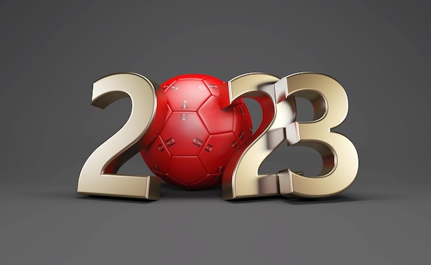 Año Nuevo 2023 Concepto de diseño creativo con fútbol - Imagen renderizada en 3D