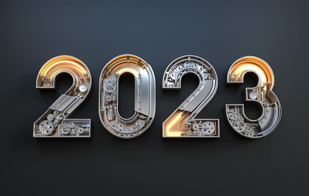 Foto año nuevo 2023 hecho del alfabeto mecánico con engranaje