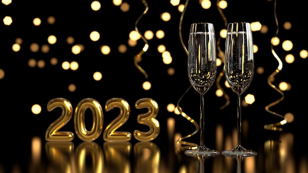 Foto año nuevo 2023 joyas número 2023 copas con champán golden celebrar decoración 3d renderizar ilustración