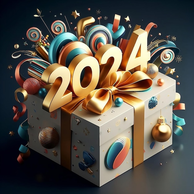 Año Nuevo 2024 Concepto de Diseño Creativo con Caja de Regalos 3D Renderizado nuevo diseño de banner feliz