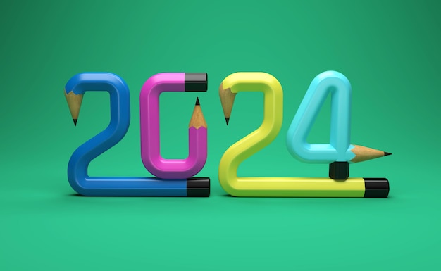 Año nuevo 2024 Concepto de diseño creativo con lápiz Imagen renderizada en 3D
