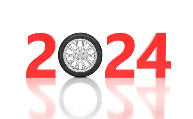 Año nuevo 2024 Concepto de diseño creativo con rueda Imagen renderizada en 3D