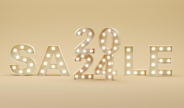 Año nuevo 2024 y felicitaciones de Navidad pancarta de venta 3D con texto dorado luz de neón