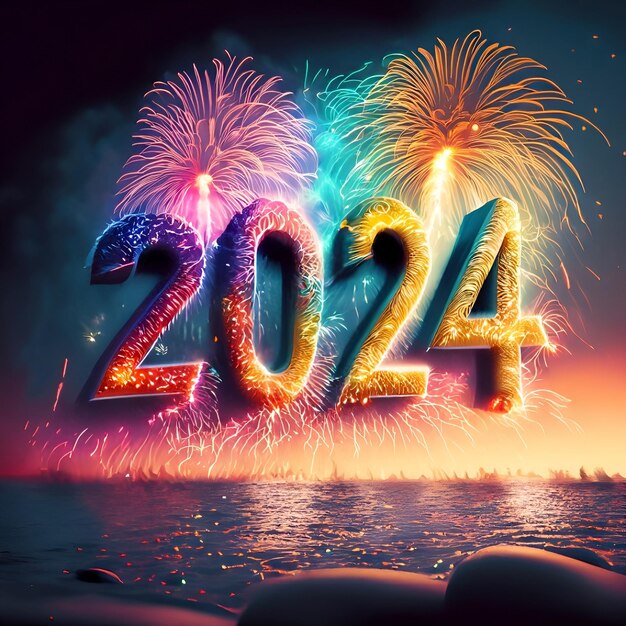 Año nuevo 2024 fuegos artificiales en el cielo Foto Premium