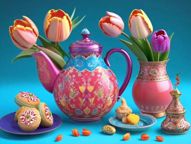 Año Nuevo 3d Nowruz Fondo y tulipanes iraníes con dulces para el té con ilustración floral