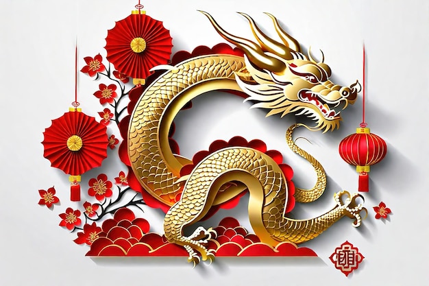 Año nuevo chino 2024 año del diseño de la plantilla de la bandera del dragón con ilustración del dragón ai generado