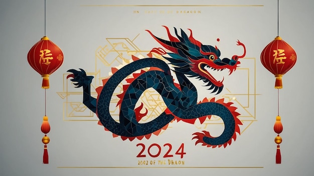 Año Nuevo Chino 2024 año del Dragón Dragón del zodiaco chino en estilo moderno plano geométrico