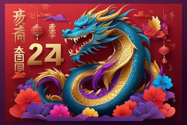 Año Nuevo Chino 2024 Año del Estandarte del Dragón o plantilla de póster de fiesta con dragón rugido