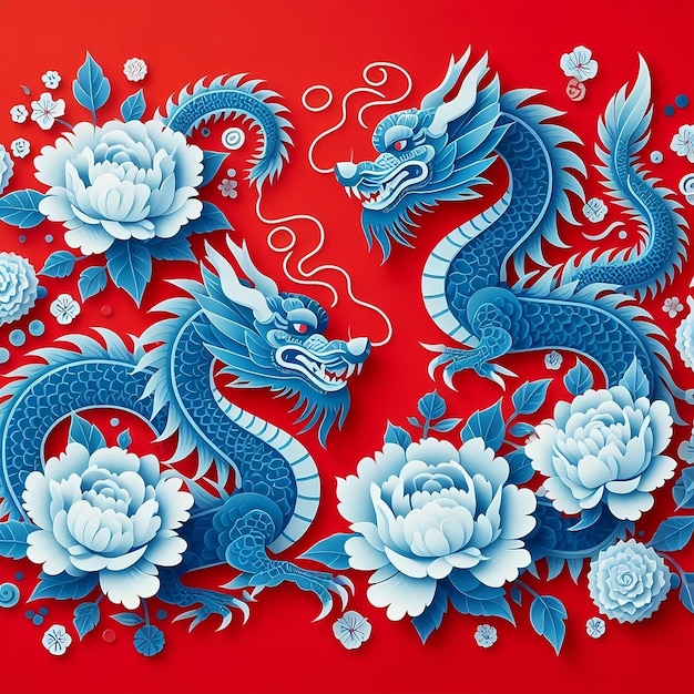 Año Nuevo Chino 2024 Diseño de dragón en azul con hermosas flores de peonía en ilustración de diseño