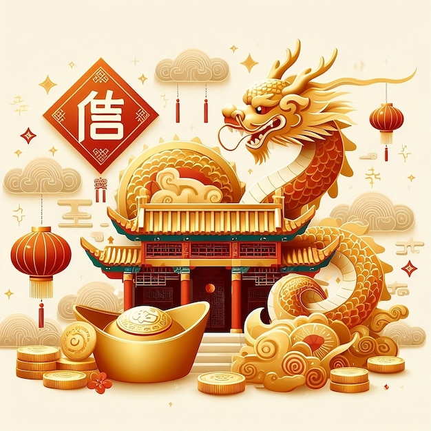 Año Nuevo chino 2024 fondo con el zodiaco del dragón lindo techo chino un lingote de oro