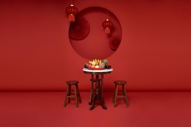 Año nuevo chino 2024 mesa de festival en fondo de decoración roja comida tradicional de año nuevo lunar