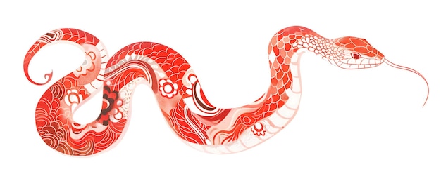 Año Nuevo Chino 2025 Serpiente del Zodíaco Dibujo de arte tradicional chino de serpiente roja y blanca