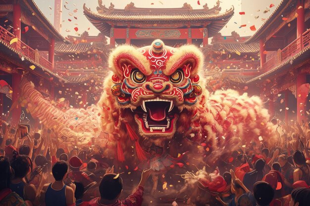 Foto año nuevo chino bailarines de león actuando frente a una multitud tradición china