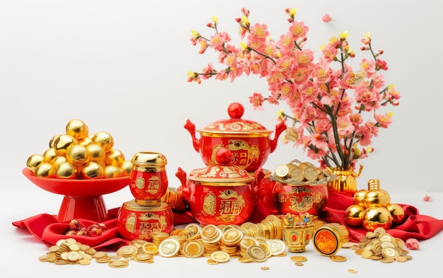 Año Nuevo chino celebrando la riqueza y la fortuna sobre un fondo blanco