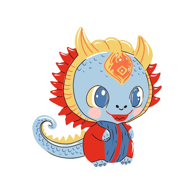 Año Nuevo Chino del Dragón pequeño y lindo bebé dragón en traje nacional chino Ilustración vectorial