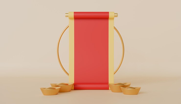Foto año nuevo chino estilo moderno rojo con pergamino feliz fiesta concepto de festival tradicional