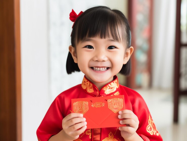 Año nuevo chino feliz niña asiática china sonrisa usar cheongsam rojo qipao sostener angpao paquete rojo regalo monetario retrato niño en vestido tradicional estudio corto aislado sobre fondo amarillo