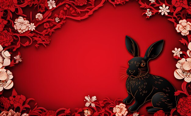 Foto año nuevo chino fondo rojo con un conejo negro