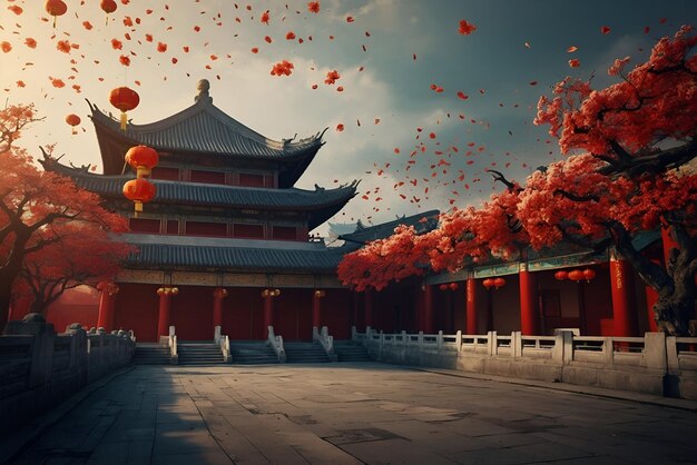 año nuevo chino fondo rojo con linternas colgantes