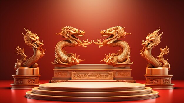 Foto año nuevo chino y podio del año del dragón dorado