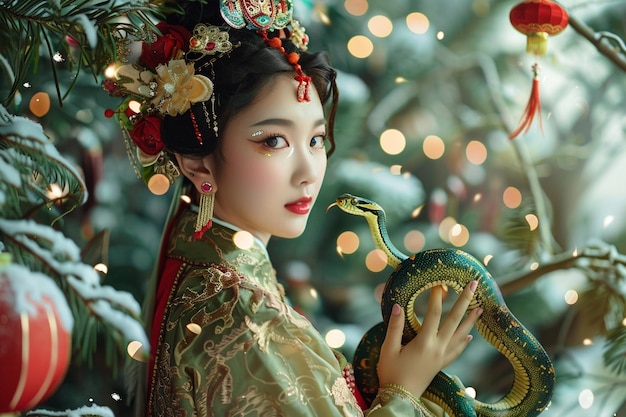 Año Nuevo Chino de la serpiente joven asiática con ropa tradicional en fondo de nieve