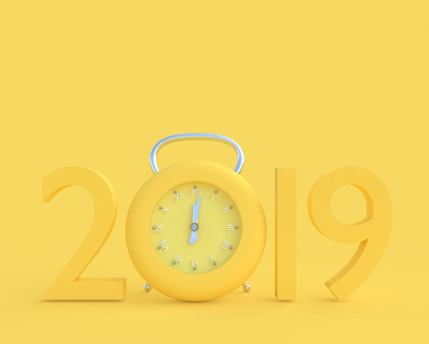 Año nuevo concepto 2019 y reloj color amarillo.