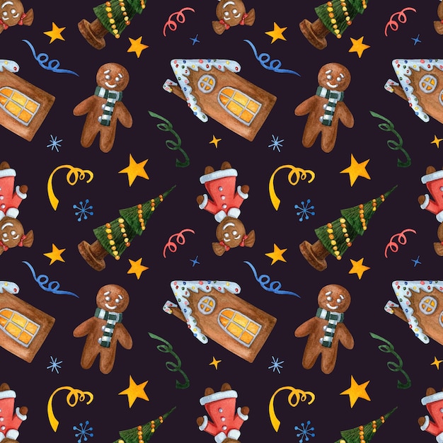 Año nuevo gingerman, casa de pan de jengibre y árbol de navidad de patrones sin fisuras con estrellas