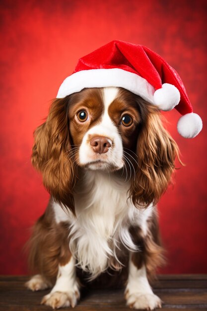 Año nuevo hermoso perro en sombrero de Papá Noel