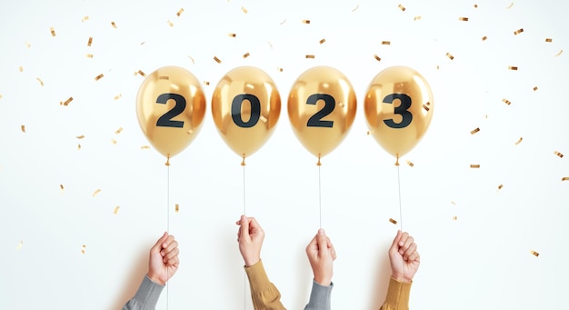 Año nuevo número 2023 de globos en manos con confeti sobre fondo pastel.