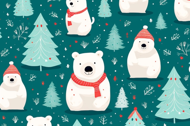 Año nuevo Patrón de Navidad oso polar y árboles de Navidad Fondo de pantalla AI generado