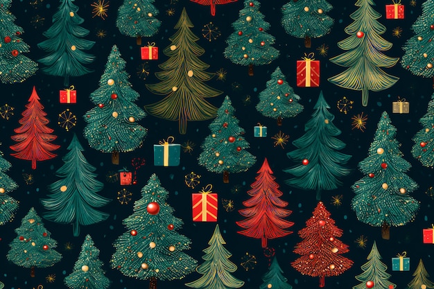 Año nuevo Patrón de Navidad Árbol de Navidad y regalos Fondo de pantalla AI generado