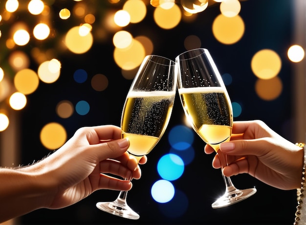 Foto año nuevo, vacaciones de navidad, fiesta de cumpleaños, primer plano de personas sosteniendo copas de champán.