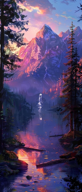 El anochecer se asienta sobre un bosque pacífico las montañas de guardia alrededor de una cascada brillante