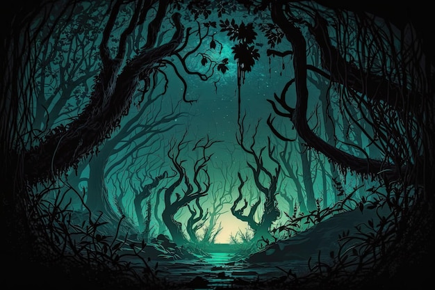 El anochecer en el bosque es oscuro. Vibraciones extrañas y siniestras. Árboles espeluznantes en un bosque oscuro.