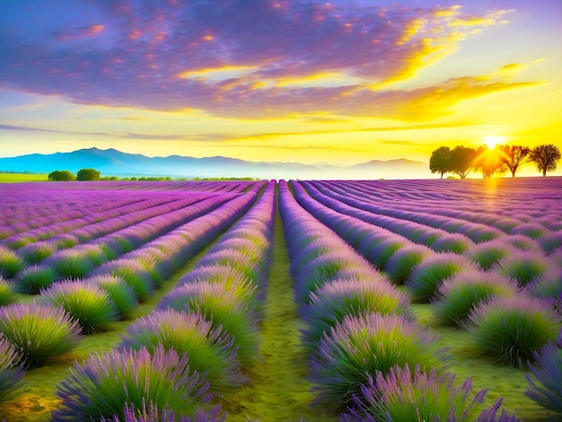 Foto el anochecer brilla en un campo de lavanda