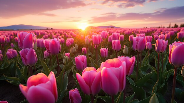 Foto el anochecer en un vibrante campo de tulipanes